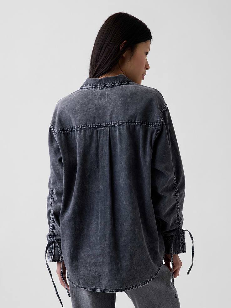 Image 3 of 5, Denim Oversized Ruched-Sleeve Shirt