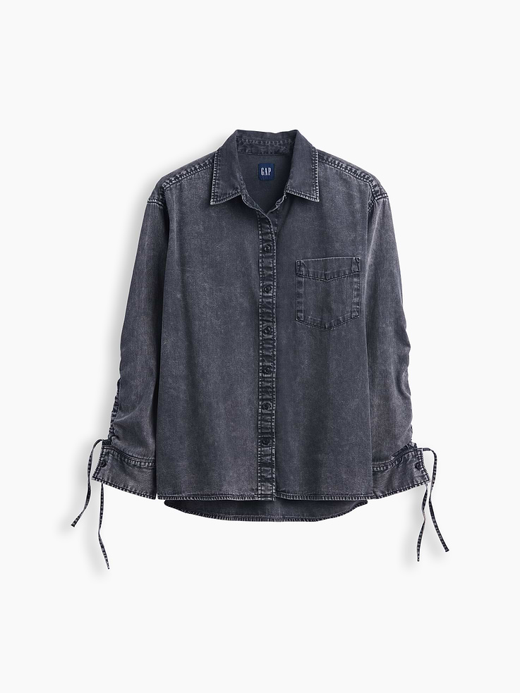 Image 5 of 5, Denim Oversized Ruched-Sleeve Shirt