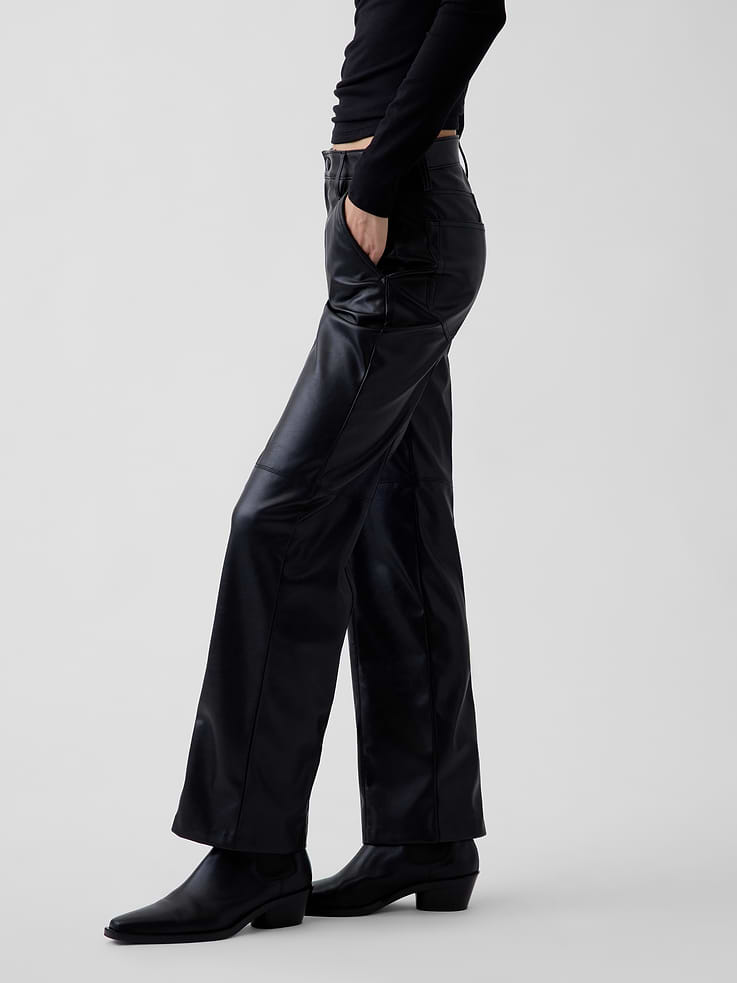 Image 3 of 6, Mid Rise Recycled Vegan Leather Relaxed Straight Pants