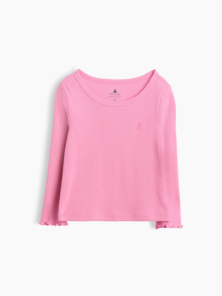 Image 1 of 2, Our favorite mix-and-match essentials go from tummy time to playtime in no time. All made with soft cotton in playful prints and bright colors., Soft, ribbed cotton T-shirt., Crewneck., Long sleeves with lettuce edge hem., Embroidered Brannan Bear at chest., Made with 100% Protocol cotton verified by the U.S. Cotton Trust Protocol, a program which works with farms committed to improving their environmental footprint by minimizing water usage and improving soil health (Claim No. 10127)., Product #1185627