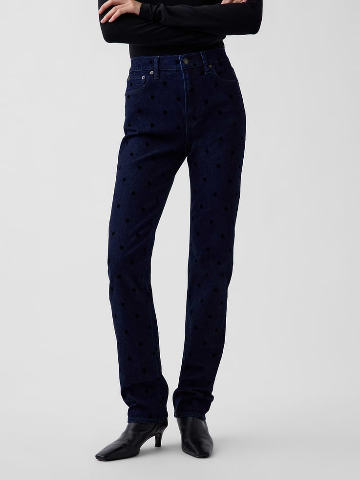 Image 2 of 6, High Rise Flocked Dot '90s Slim Straight Jeans