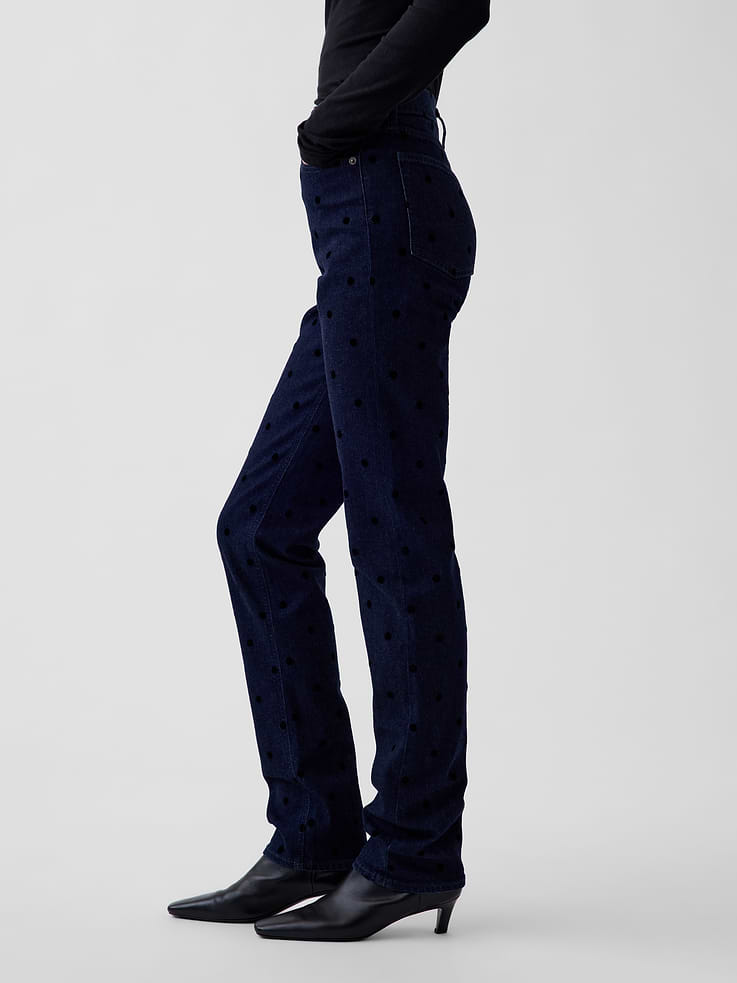 Image 3 of 6, High Rise Flocked Dot '90s Slim Straight Jeans