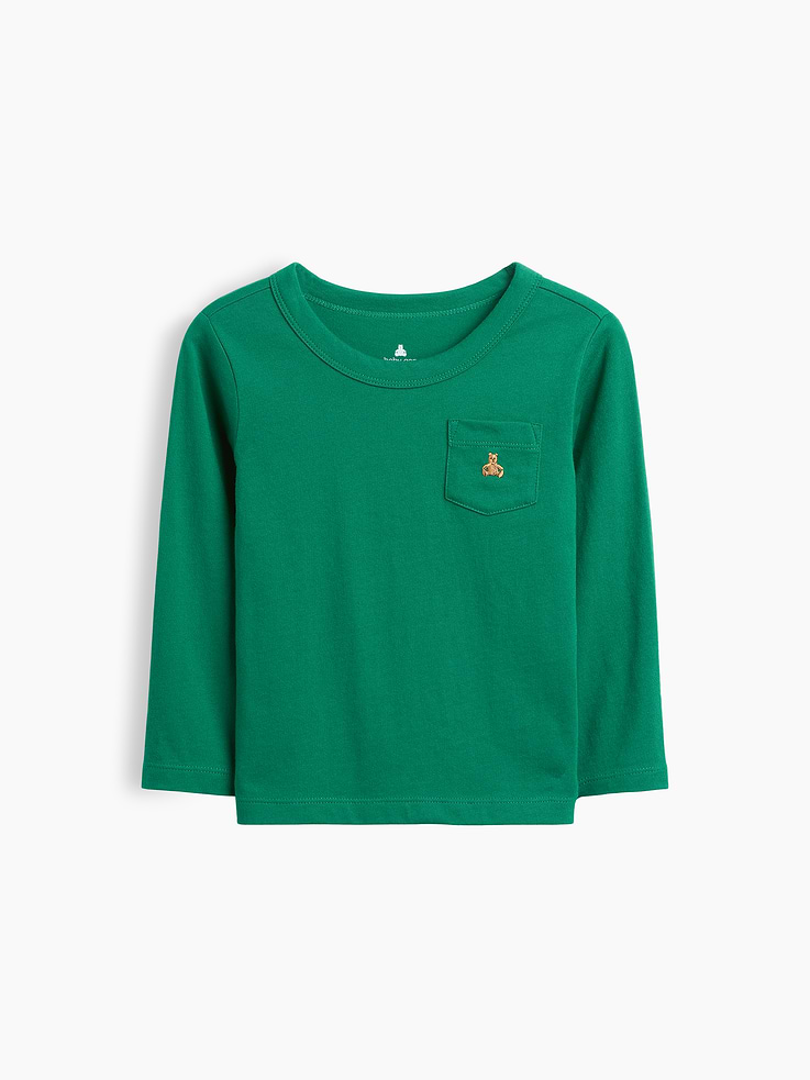 Image 1 of 2, Our favorite mix-and-match essentials go from tummy time to playtime in no time. All made with soft cotton in playful prints and bright colors., Soft knit T-shirt., Crewneck., Long sleeves., Patch pocket at chest., Assorted colors and prints., Made with 100% Protocol cotton verified by the U.S. Cotton Trust Protocol, a program which works with farms committed to improving their environmental footprint by minimizing water usage and improving soil health (Claim No. 10127)., Product #669934