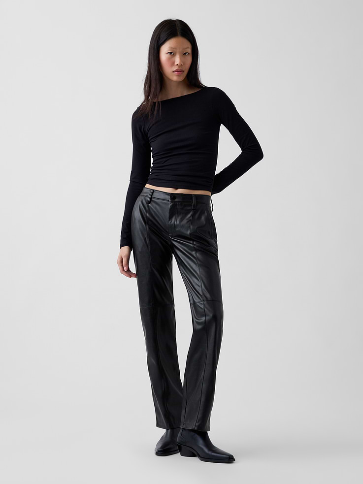 Image 1 of 6, Fit: A full-length pant that's fitted on the waist & straight all the way down., Fabric: 100% Recycled Polyester., Stretch: No Stretch Vegan Leather., Rise: Mid Rise Pants., Look: A seamed vegan leather pant., Details: Snap button closure, zip fly, side slant pockets, back patch pockets, & seaming detail at front and back., Made with 100% recycled polyester. Compared to virgin materials, using recycled materials helps reduce resource use and waste., This product was made in a factory that invests in gender equity and women’s empowerment through RISE. Learn more at gapinc.com/equity ., Product #1184740