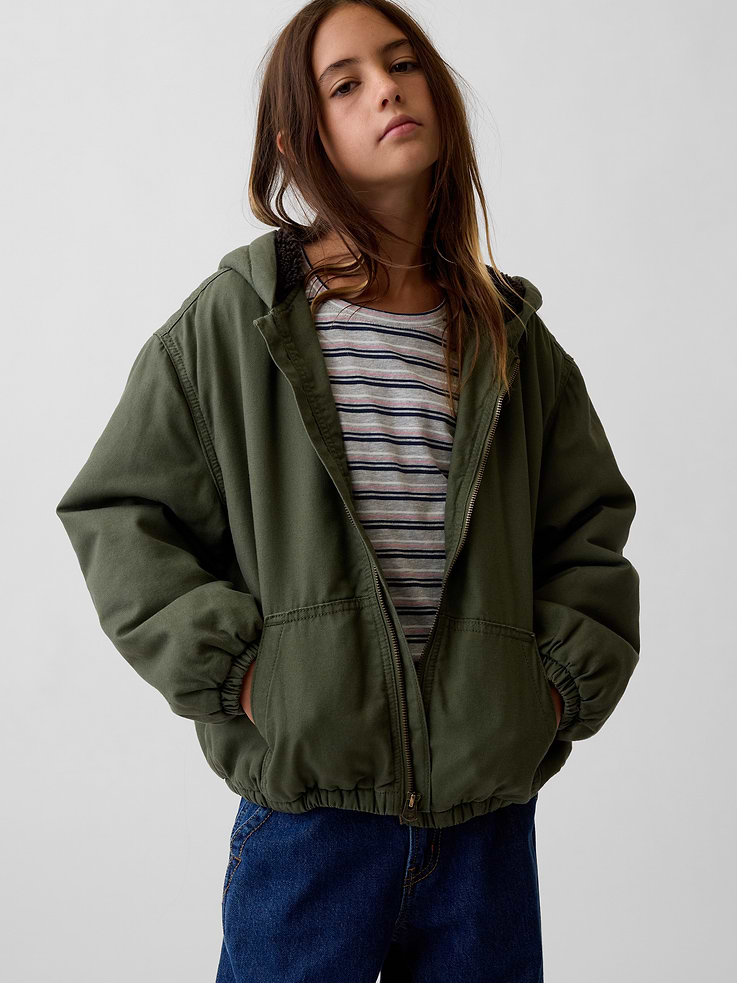 Image 2 of 6, Kids Sherpa-Lined Hooded Canvas Jacket