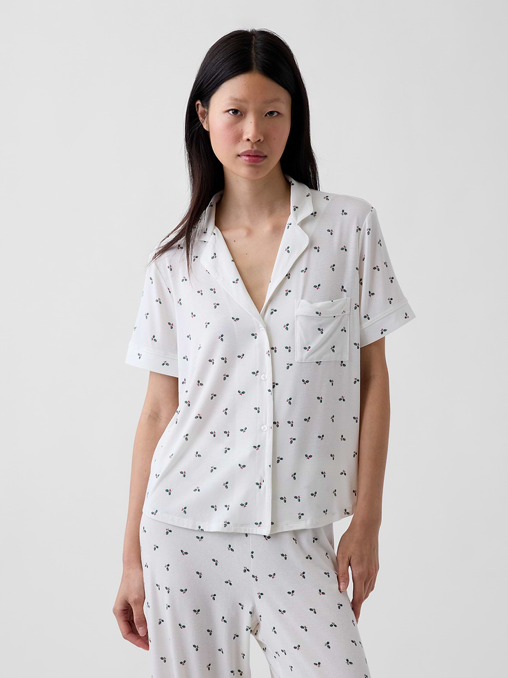 Image 1 of 5, The modal PJs of your dreams. Buttery soft. Naturally cool. With a little stretch. For sleeping, lounging, comfortably., Soft, stretch modal-blend pajama top., Notch collar at V-neck., Short sleeves., Button front., Piping allover., Certain styles have allover prints., This product was made in a factory that invests in gender equity and women’s empowerment through RISE. Learn more at gapinc.com/equity ., Product #728683