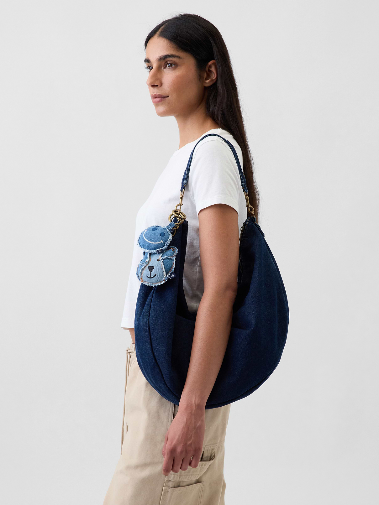 Image 2 of 6, Large Denim Crescent Bag