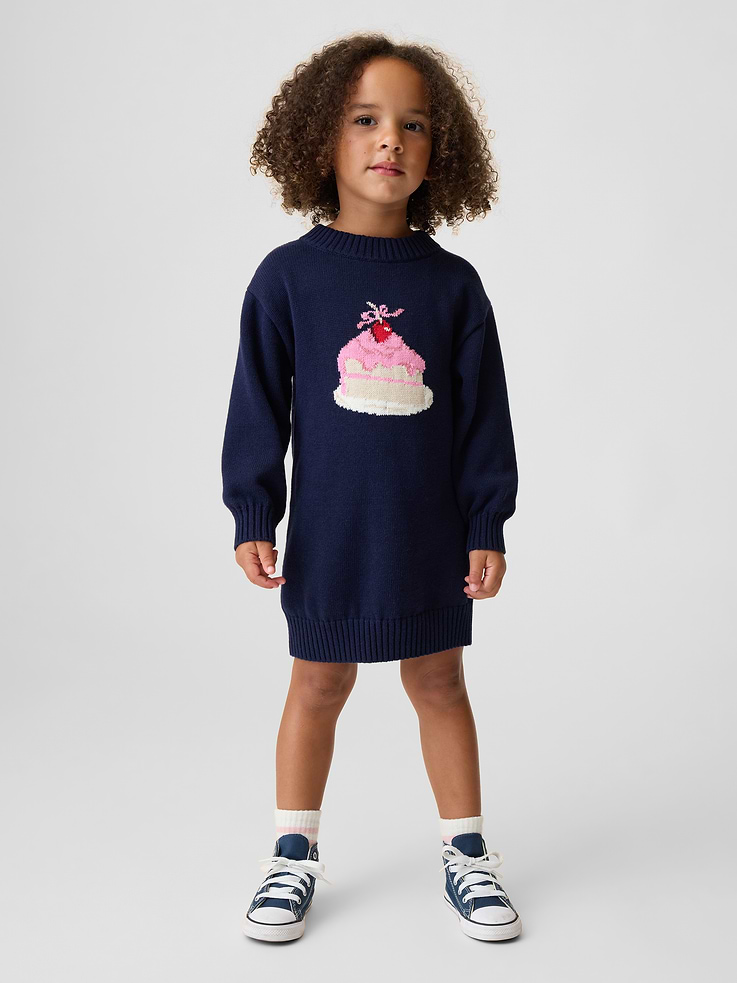 Image 1 of 4, Soft knit cotton sweater dress., Crewneck., Long sleeves., Cake slice detailing at front., Product #1183438