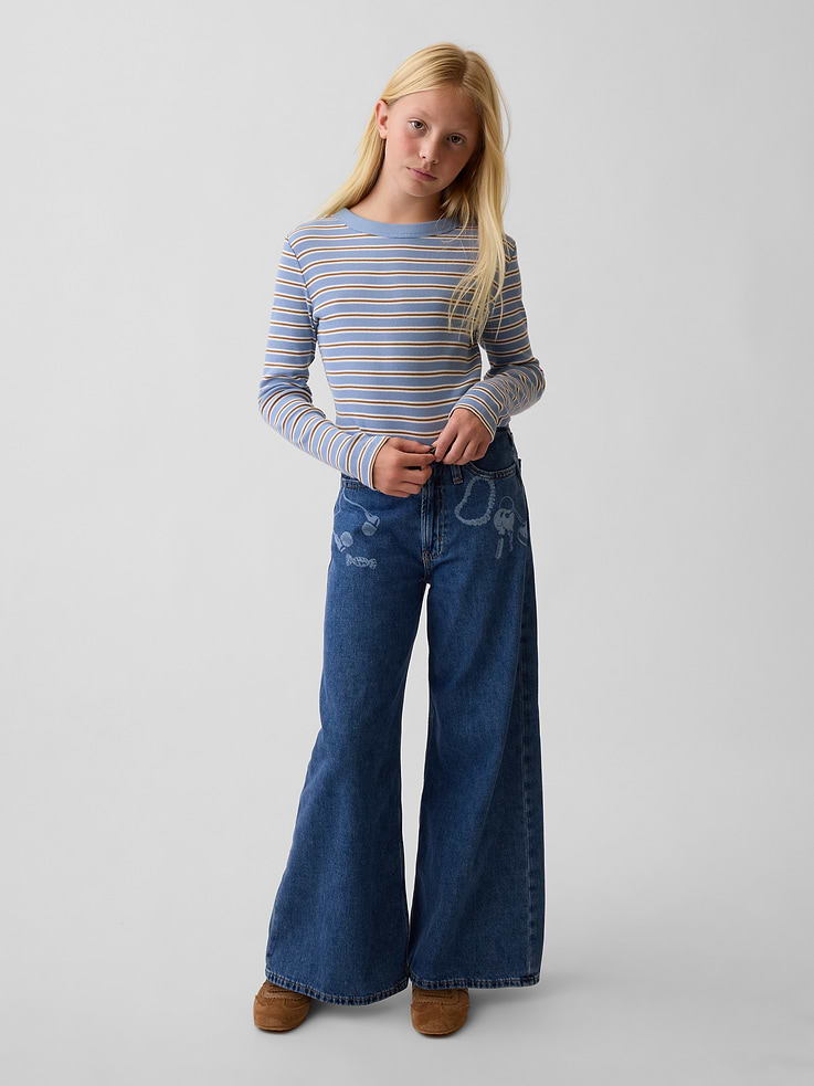 Image 1 of 6, Authentic, non-stretch denim wide-leg jeans., Hook and bar closure at clean waist, zip fly., Classic five-pocket styling., Medium wash., Laser-print detailing at front and back., Responsibly Made: This pair of jeans is part of our water-saving Washwell program. Compared with conventional wash methods, Washwell uses at least 20% less water., More Sustainable Cotton: Made with 5% recycled cotton. Compared to virgin materials, using recycled materials helps reduce resource use and waste., This product was made in a factory that invests in gender equity and women’s empowerment through RISE. Learn more at gapinc.com/equity ., Product #1184956