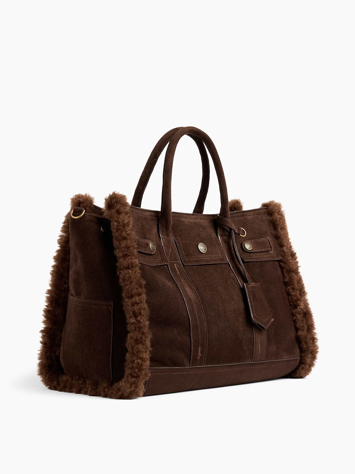 Image 3 of 7, Sherpa-Lined Vegan Suede Five Pocket Tote