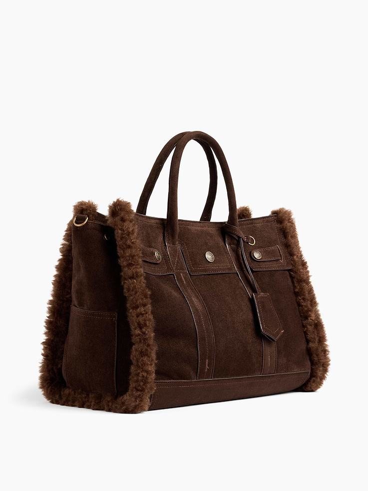 Image 3 of 7, Sherpa-Lined Vegan Suede Five Pocket Tote