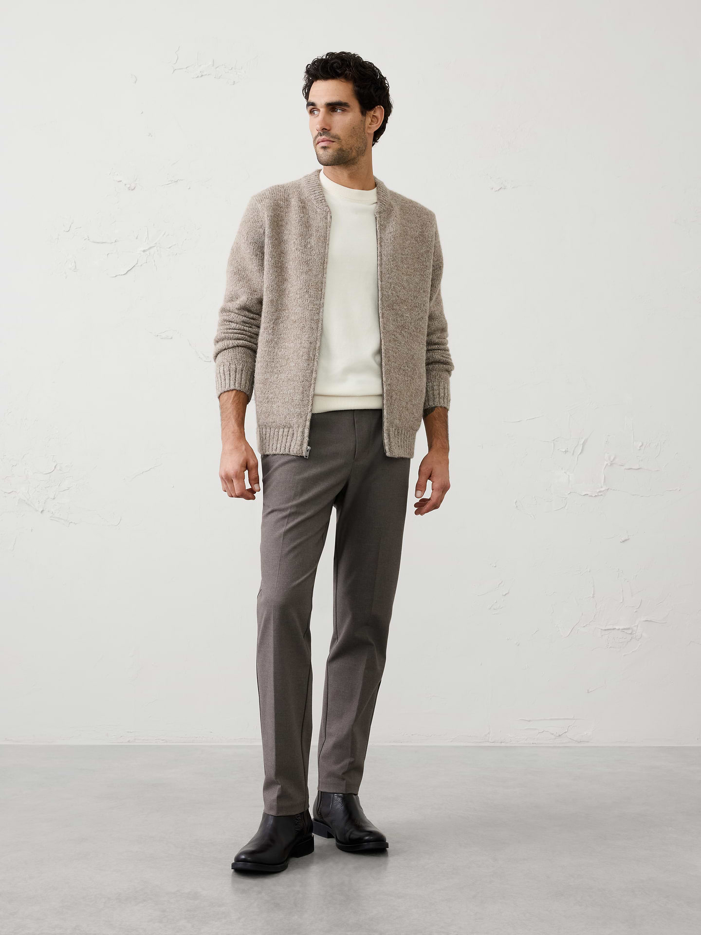 Image 1 of 4, Cozy meets contemporary in this bomber sweater jacket, crafted from a soft, hairy yarn that adds rich texture and a plush hand feel. The relaxed bomber silhouette offers an easy, versatile layer for cooler days, while the fuzzy knit creates dimension and warmth without feeling heavy., Full zip-front closure., Classic bomber jacket silhouette., Vertical welt front pockets., Ribbed neckline, arm cuffs and hem., Made exclusively for Banana Republic Factory., Product #1175826