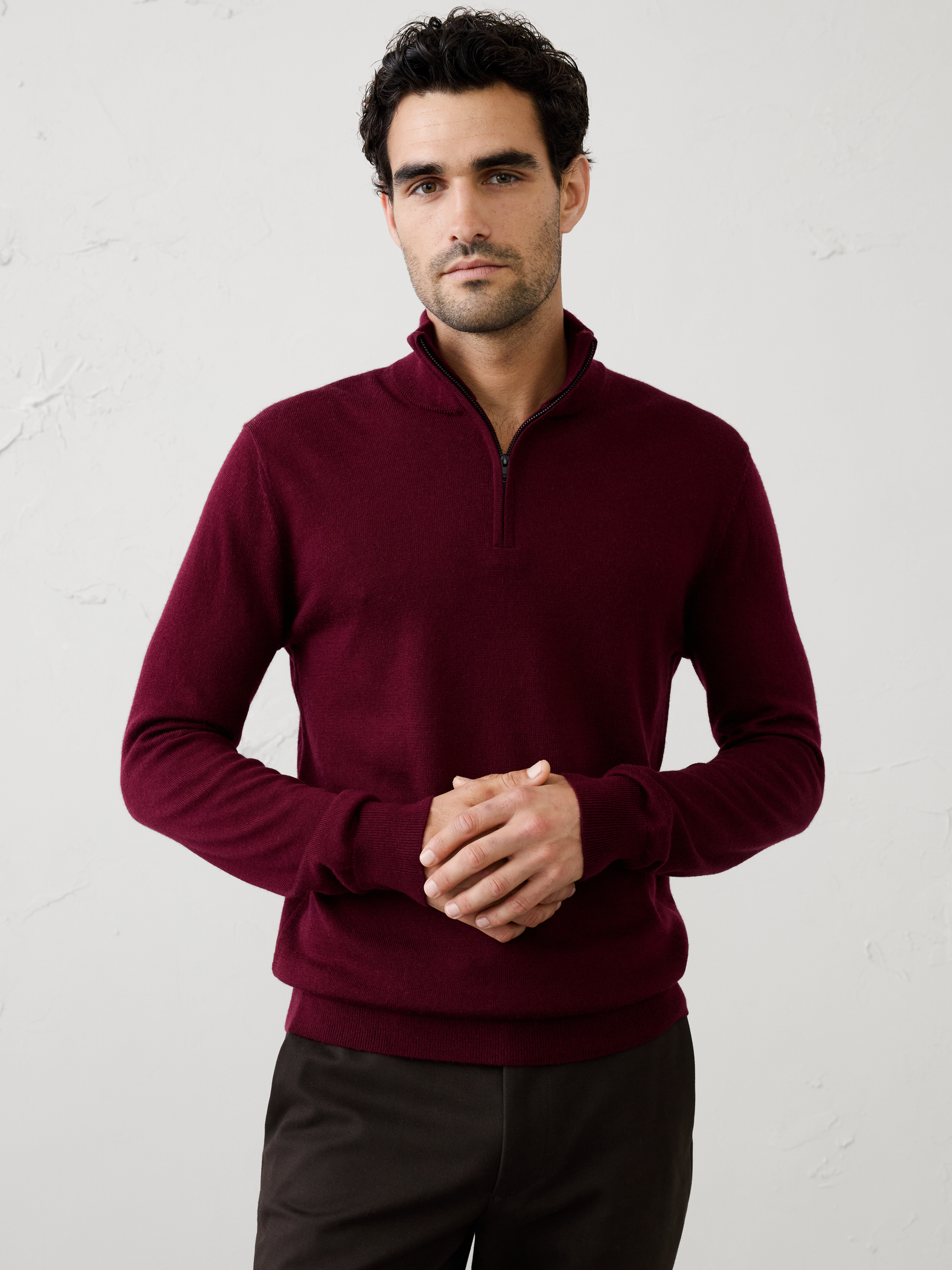 Image 1 of 6, Spun from 100% merino wool, this quarter-zip sweater combines natural temperature regulation with elevated style. The mock-neck silhouette lends a modern touch, while ribbed cuffs and hem provide a comfortable, structured fit., WASHABLE MERINO WOOL: Skip the dry cleaners, this 100% Merino wool sweater is lightweight, comfortable, moisture wicking, odor resistant and machine washable., Mock neck. Long sleeves., Slight dropped shoulders., Ribbed neck, arm cuffs and hem., Straight hem., Made exclusively for Banana Republic Factory., Product #1175513