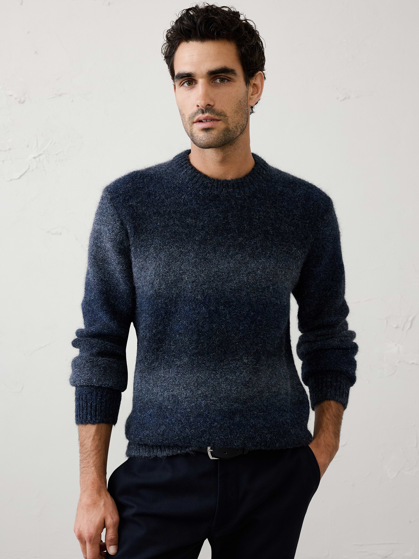 Image 1 of 4, Designed to stand out, this sweater features a striking ombré pattern crafted in a soft, brushed yarn with a plush, fuzzy texture. Perfect for holiday parties, nights out, or anytime you want to make an impression, it brings personality and effortless style to the season., Crew neck. Long sleeves., Ribbed neckline, arm cuffs and hem., Made exclusively for Banana Republic Factory., Product #1175825
