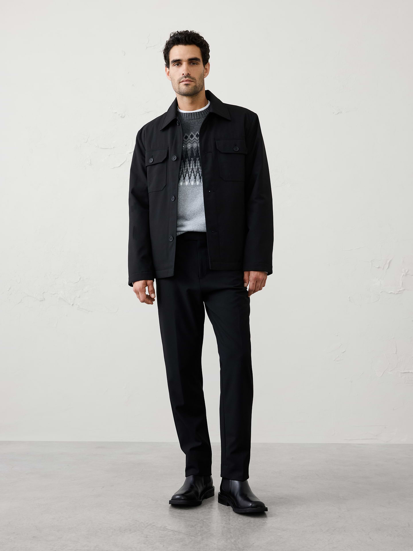 Image 1 of 4, Built for versatile layering, this puff shacket combines the ease of a shirt with the warmth of a lightweight jacket. It features light padding that provides comfortable insulation without feeling bulky., Point collar. Long sleeves., Button‑front closure., Dual chest flap pockets with button closures., Side-entry pockets., Made exclusively for Banana Republic Factory., Product #1175832