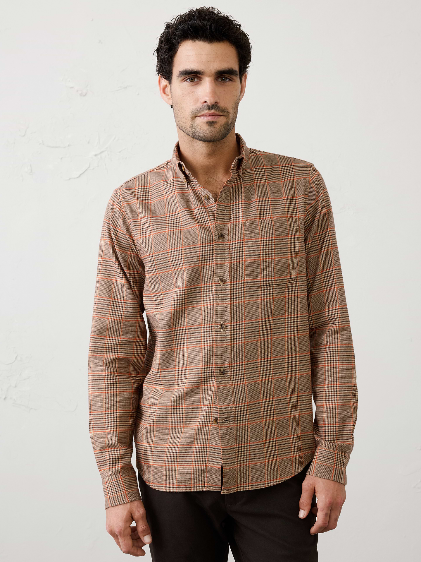 Image 1 of 7, A lightweight flannel designed for seasonal transitions, offering the softness and classic pattern of traditional flannel without the bulk. Easy to layer and versatile across a range of everyday looks., UNTUCKED: Designed with a shorter hemline to hit right at the hips., Button down collar. Long sleeves with adjustable double-button barrel cuffs and button vents., Button‑front closure., Chest pocket., Back yoke., Shirttail hem., Made exclusively for Banana Republic Factory., Product #1175888
