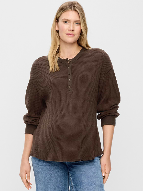 Maternity Long-Sleeve Waffle Knit Henley Top