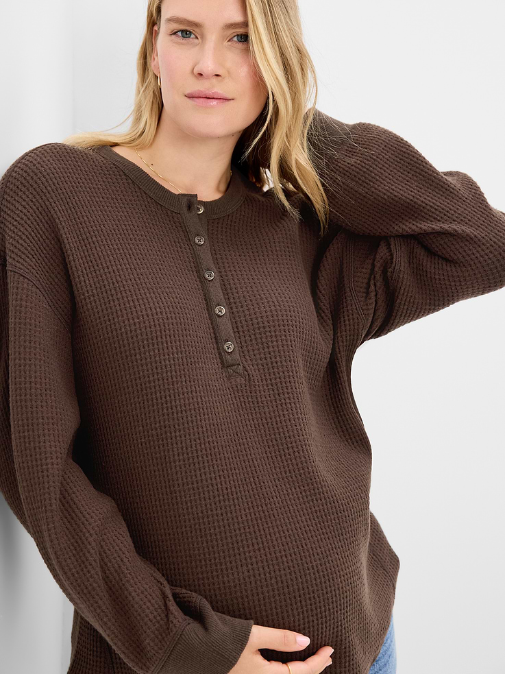 Image 3 of 4, Maternity Long-Sleeve Waffle Knit Henley Top