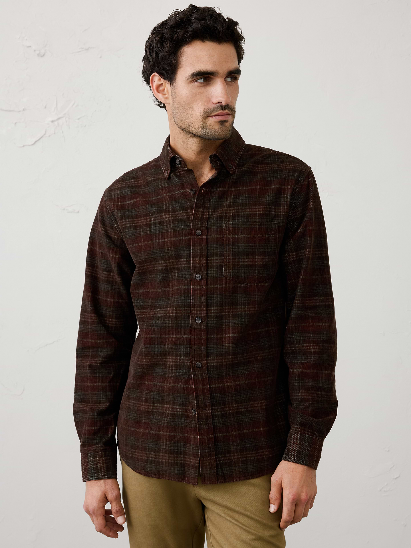 Image 1 of 4, UNTUCKED: Designed with a shorter hemline to hit right at the hips., Button down collar. Long sleeves with adjustable double-button barrel cuffs and button vents., Button front closure., Chest pocket., Back yoke., Shirttail hem., Made exclusively for Banana Republic Factory., Product #1175892