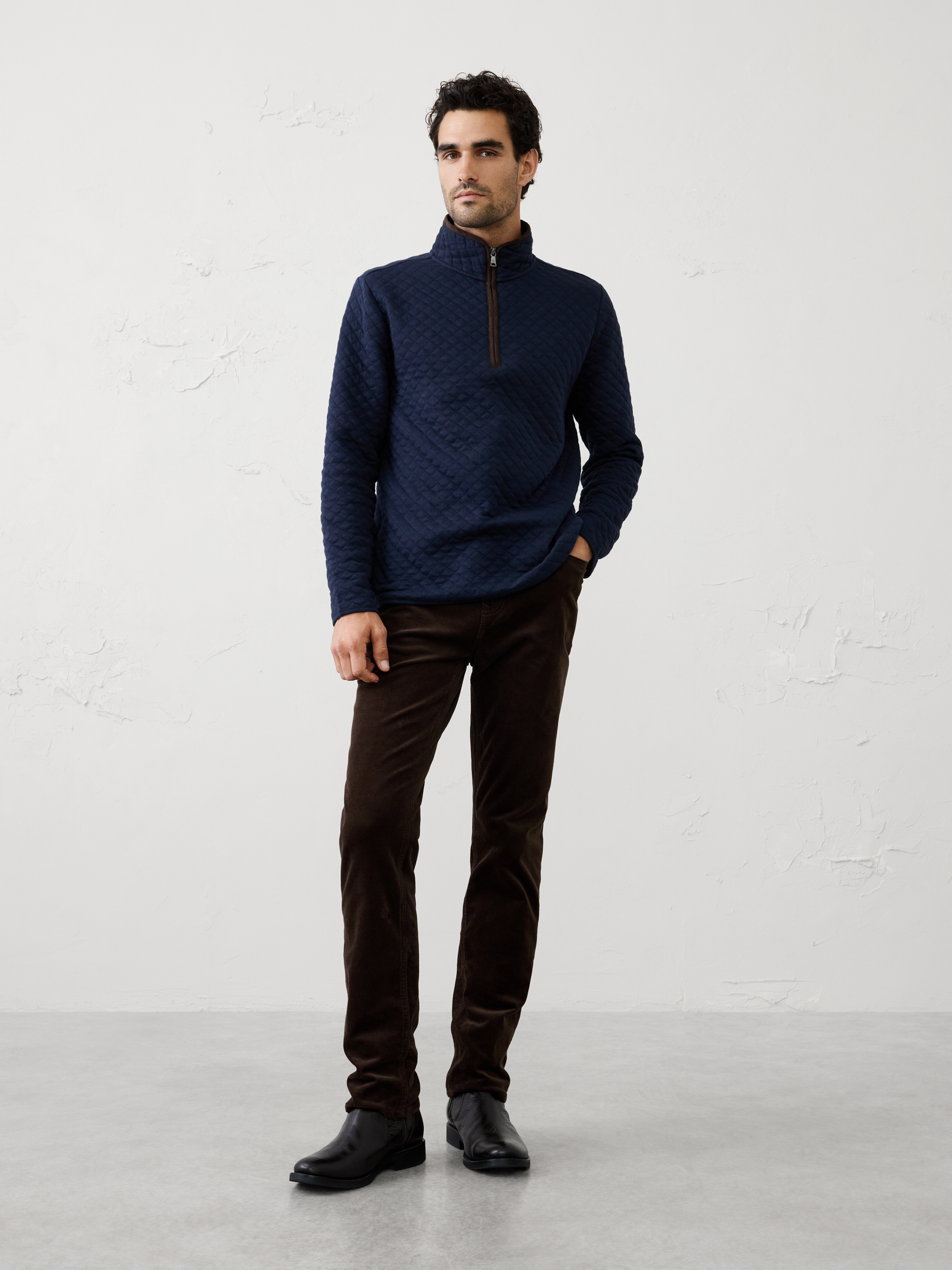 Image 1 of 3, Made from a soft diamond‑quilted fabric, this quarter‑zip delivers warmth with a refined, textured look. Easy to layer over tees and shirts, it offers versatile comfort and polished style for cooler days., Mock neck. Long sleeves., Quarter-zip neckline., Vegan suede contrast trim details., Diamond quilting throughout adds texture and lightweight insulation., Made exclusively for Banana Republic Factory., To view a copy of this product’s label, copy the style number below and search this database Law Label Lookup <, Product #1181066