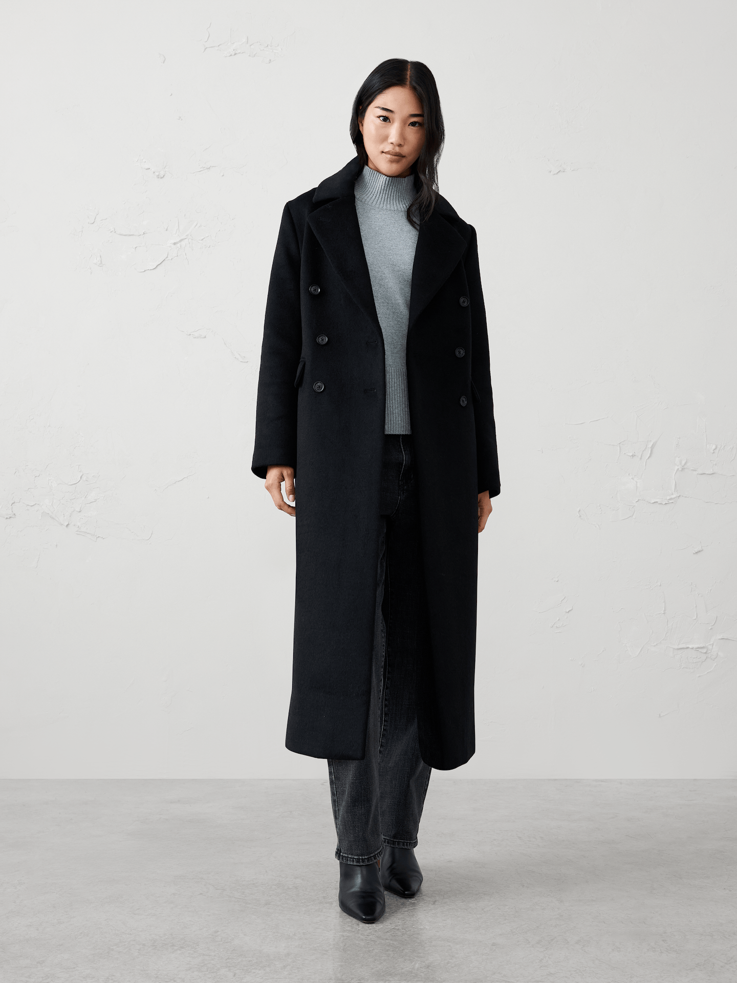 Image 1 of 8, Notched lapel collar. Long sleeves., Double‑breasted front closure., Front flap pockets., Center back vent., Straight silhouette., Fully lined., Made exclusively for Banana Republic Factory., Product #1176818