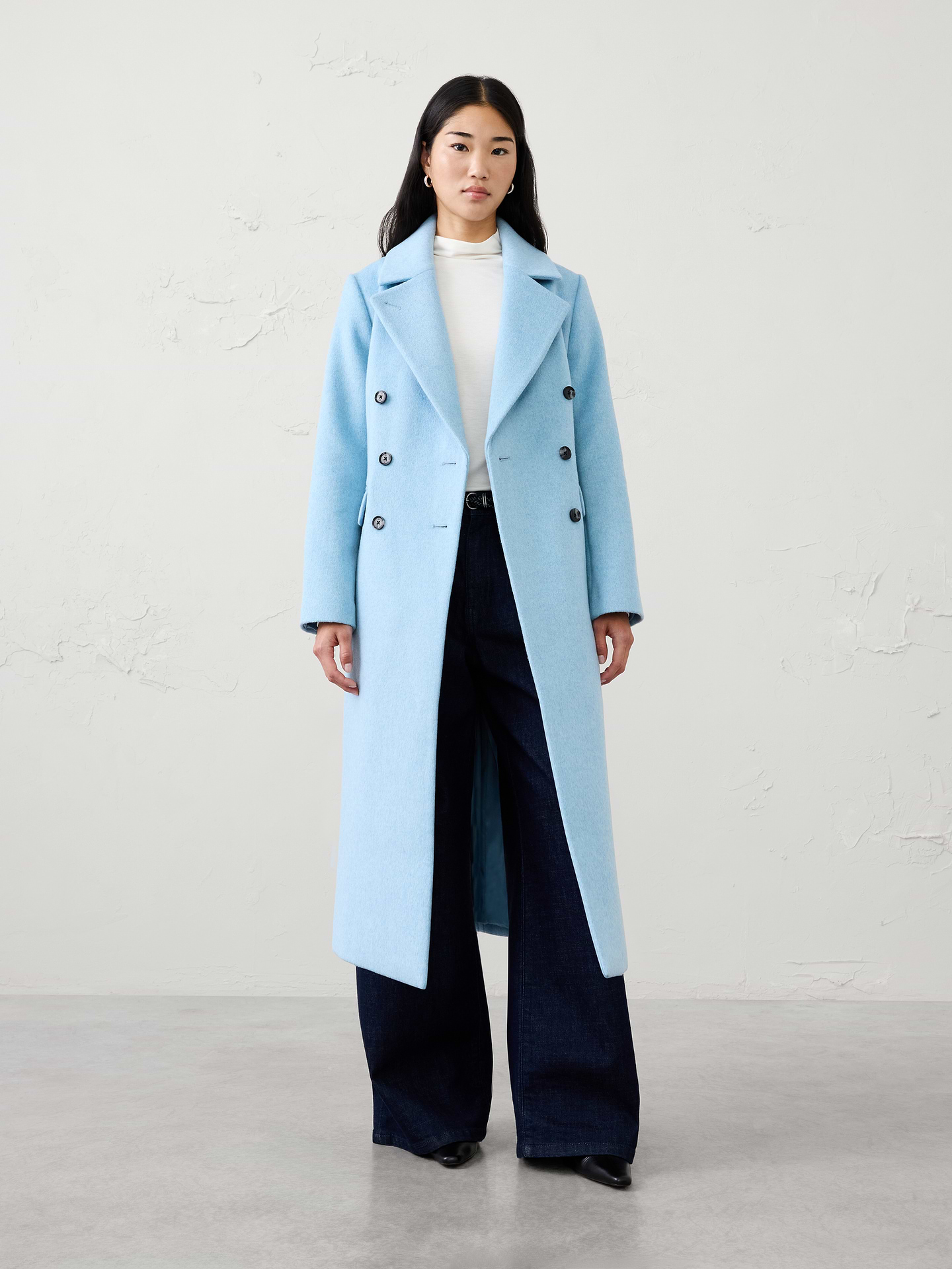 Image 1 of 8, Notched lapel collar. Long sleeves., Double‑breasted front closure., Front flap pockets., Center back vent., Straight silhouette., Fully lined., Made exclusively for Banana Republic Factory., Product #1176818