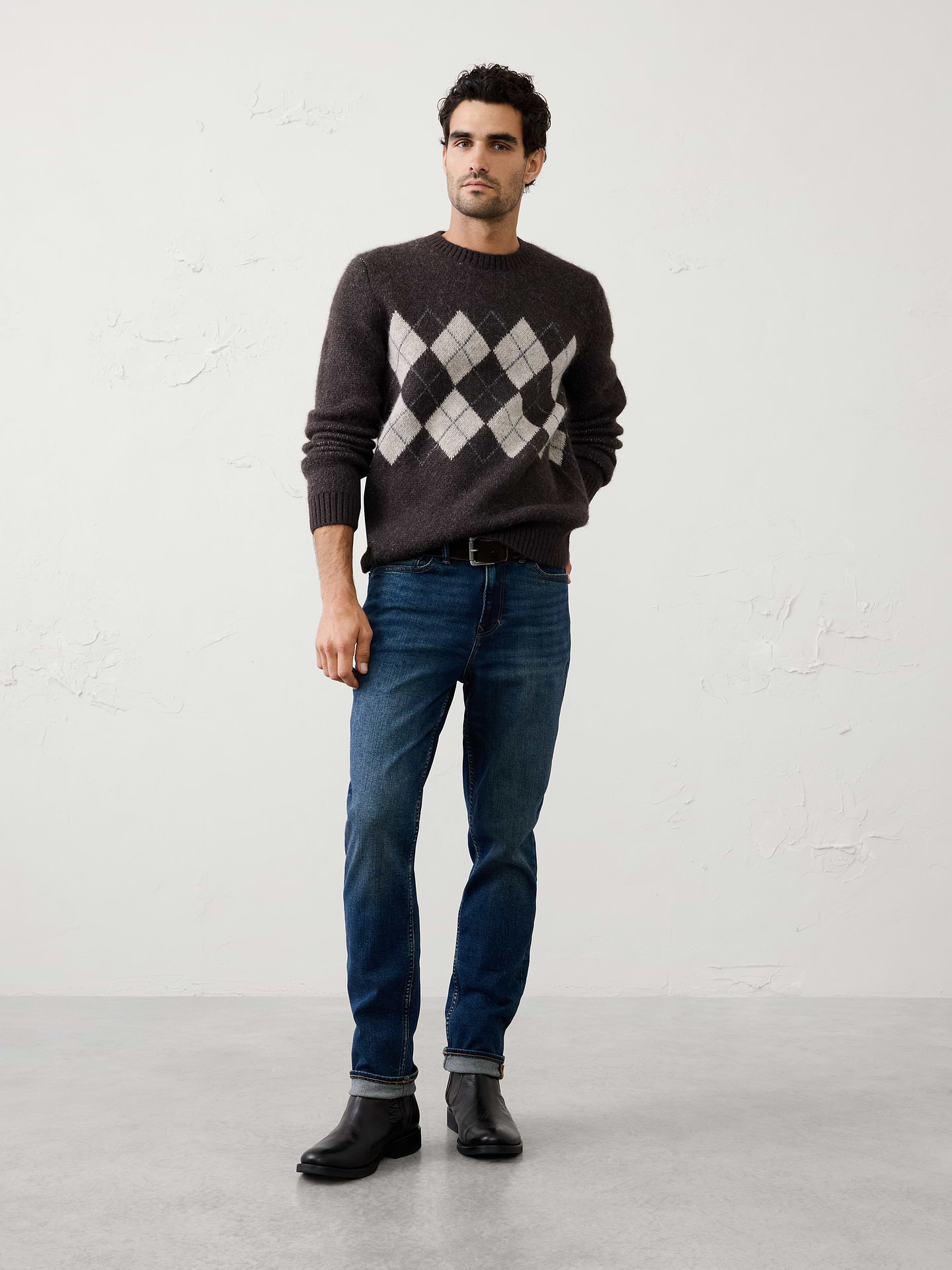 Image 1 of 8, Designed in a soft, brushed hairy yarn, this modern argyle sweater brings texture and personality to a classic pattern. The plush finish adds warmth and dimension, while the standout design transitions effortlessly from polished workwear to more casual weekend looks., Crew neck. Long sleeves., Ribbed neckline, arm cuffs and hem., Made exclusively for Banana Republic Factory., Product #1177783