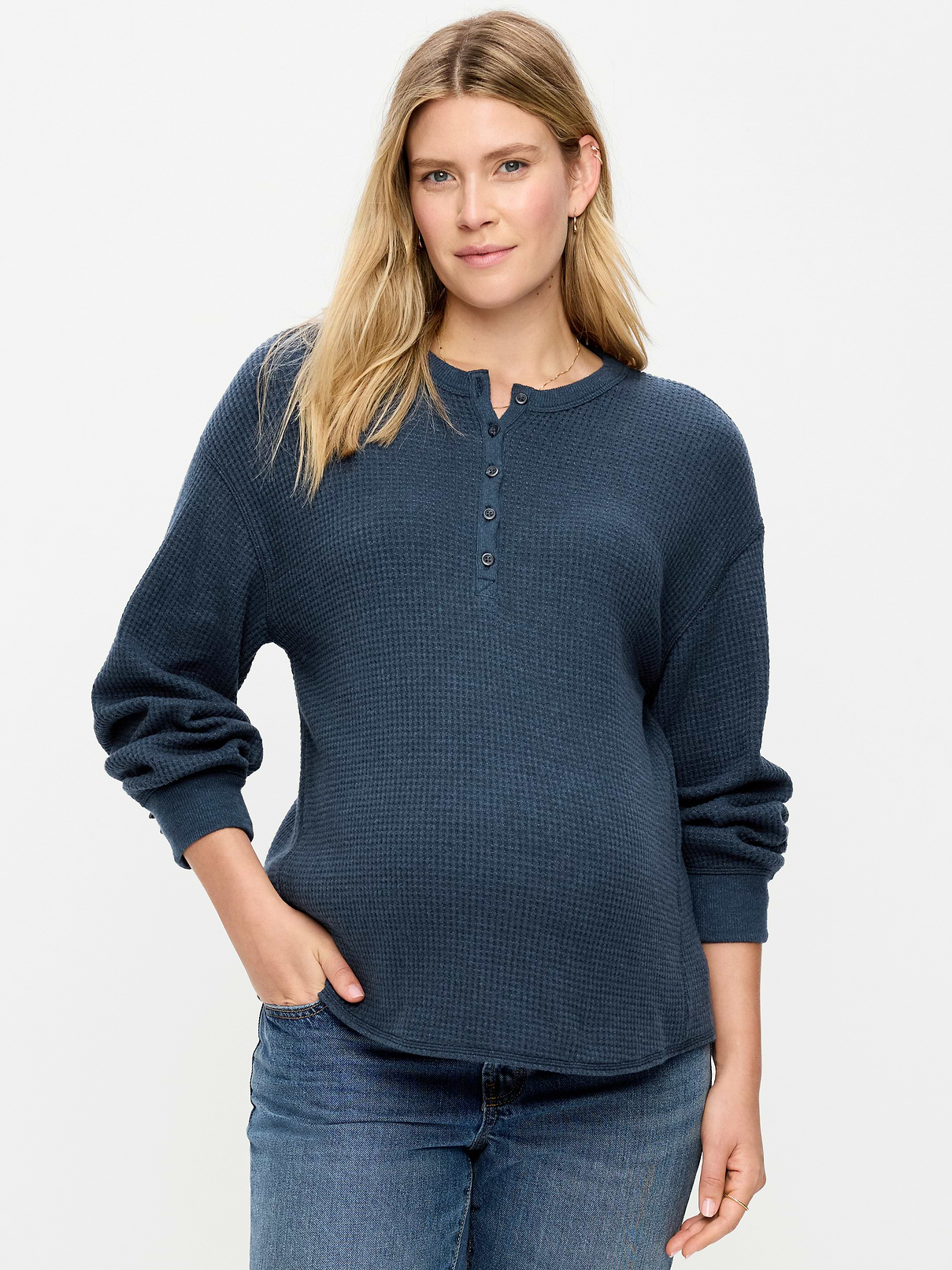 Image 1 of 2, crew neck, three-button henely placket, long sleeves, drop shoulders, Product #915811
