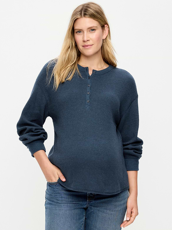 Maternity Long-Sleeve Waffle Knit Henley Top