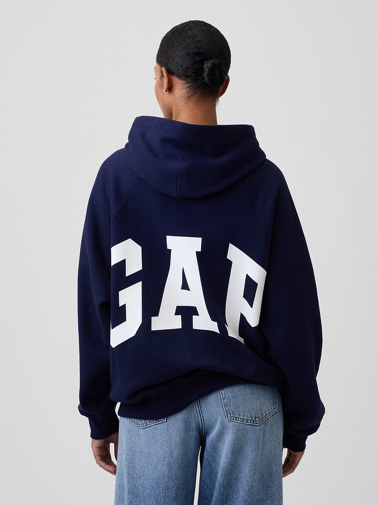 Image 1 of 5, This product is made with/contains 23% recycled polyester. Compared to virgin materials, using recycled materials helps reduce resource use and waste., Soft, comfy fleece., Dropped shoulder, long raglan sleeves with banded cuffs., Hood., Kanga pocket, Gap logo at back., Banded hem., Product #1184659