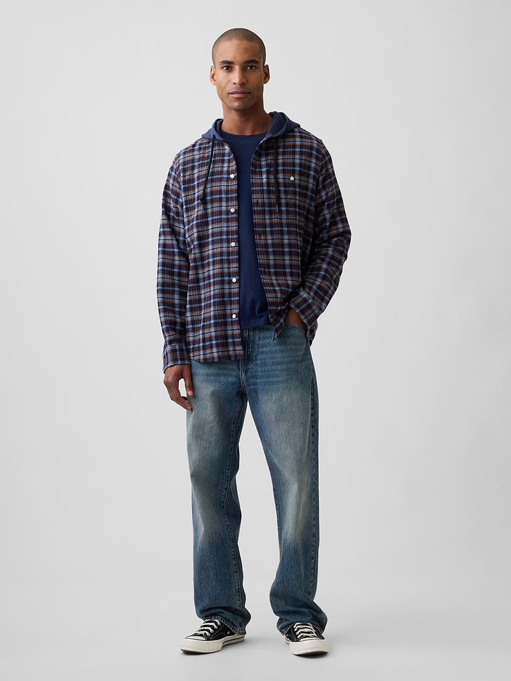 Image 3 of 5, Hooded Flannel Shirt in Standard Fit
