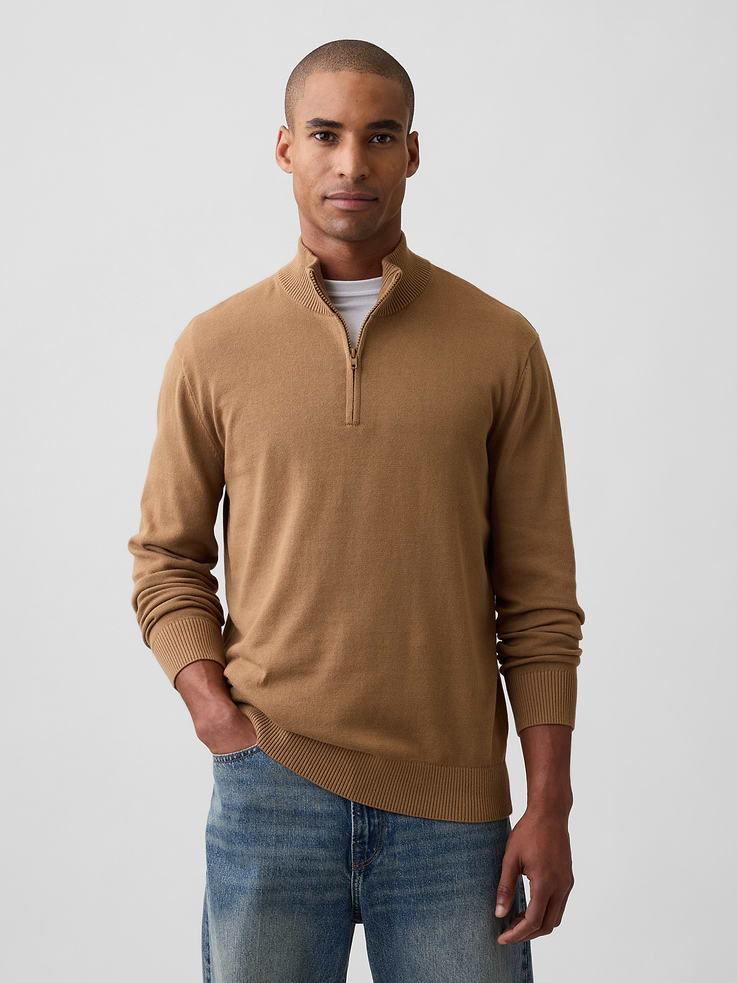 Image 1 of 5, Soft cotton knit., Dropped shoulder, long sleeves with ribbed cuffs., Ribbed mockneck, quarter-zip front., Ribbed hem., Product #1178054
