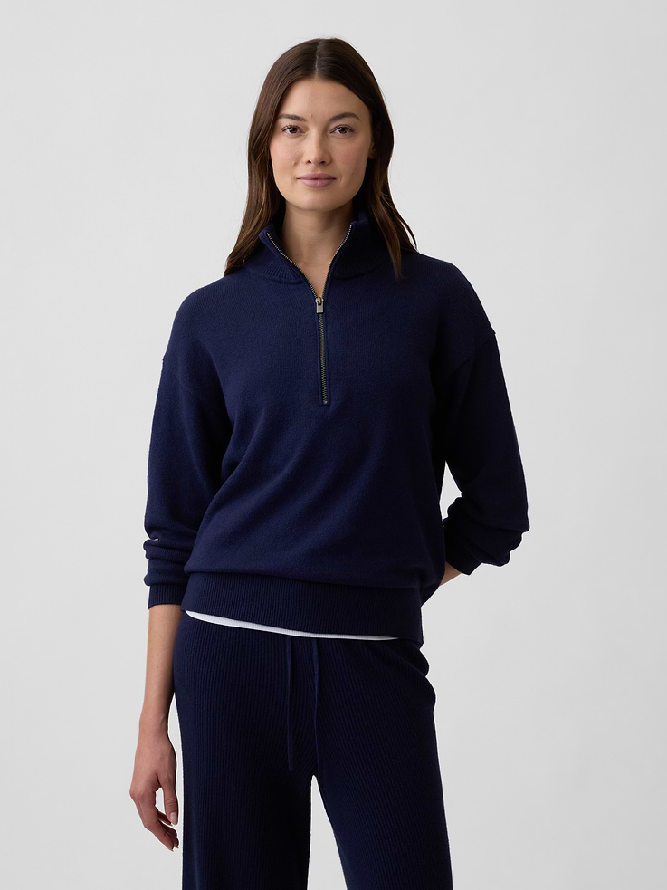 Image 1 of 5, Plush like cashmere. Easier than anything. With a lightweight layer-able feel & brushed for softness., Soft cotton-blend knit., Dropped shoulder, long sleeves with ribbed cuffs., Ribbed mockneck, half-zip front., Ribbed hem., Product #1179584
