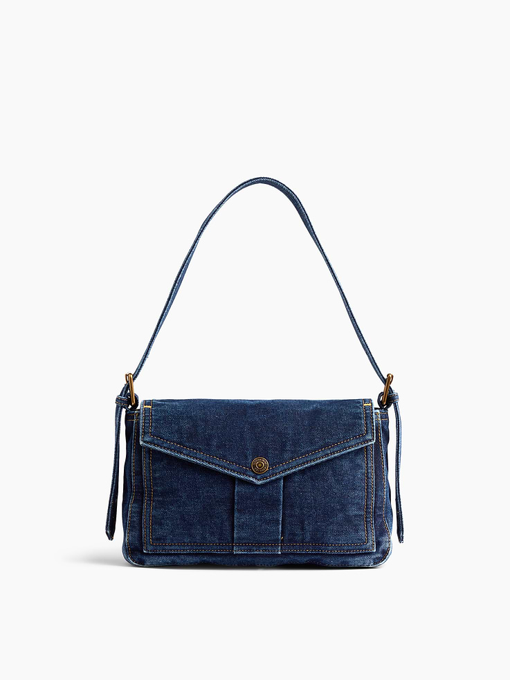 Image 1 of 8, Soft denim envelope shoulder bag., Worn hand-held, at elbow, or over the shoulder., Adjustable shoulder strap., Snap-button envelope flap at top., Product #1182985