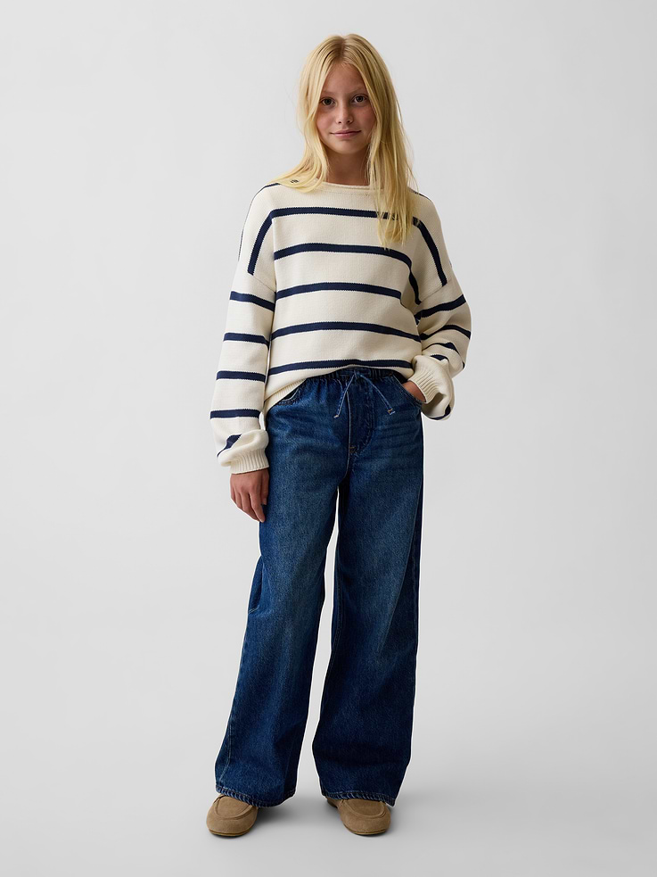 Image 1 of 6, Authentic, non-stretch denim pull-on wide-leg jeans. In a relaxed fit and low rise., Elasticized waist with drawcords and faux fly., Classic five-pocket styling., Dark wash., Responsibly Made: This pair of jeans is part of our water-saving Washwell program. Compared with conventional wash methods, Washwell uses at least 20% less water., Made with 52% Protocol cotton verified by the U.S. Cotton Trust Protocol, a program which works with farms committed to improving their environmental footprint by minimizing water usage and improving soil health (Claim No. 10127)., Made with 5% recycled cotton. Compared to virgin materials, using recycled materials helps reduce resource use and waste., Product #1184964