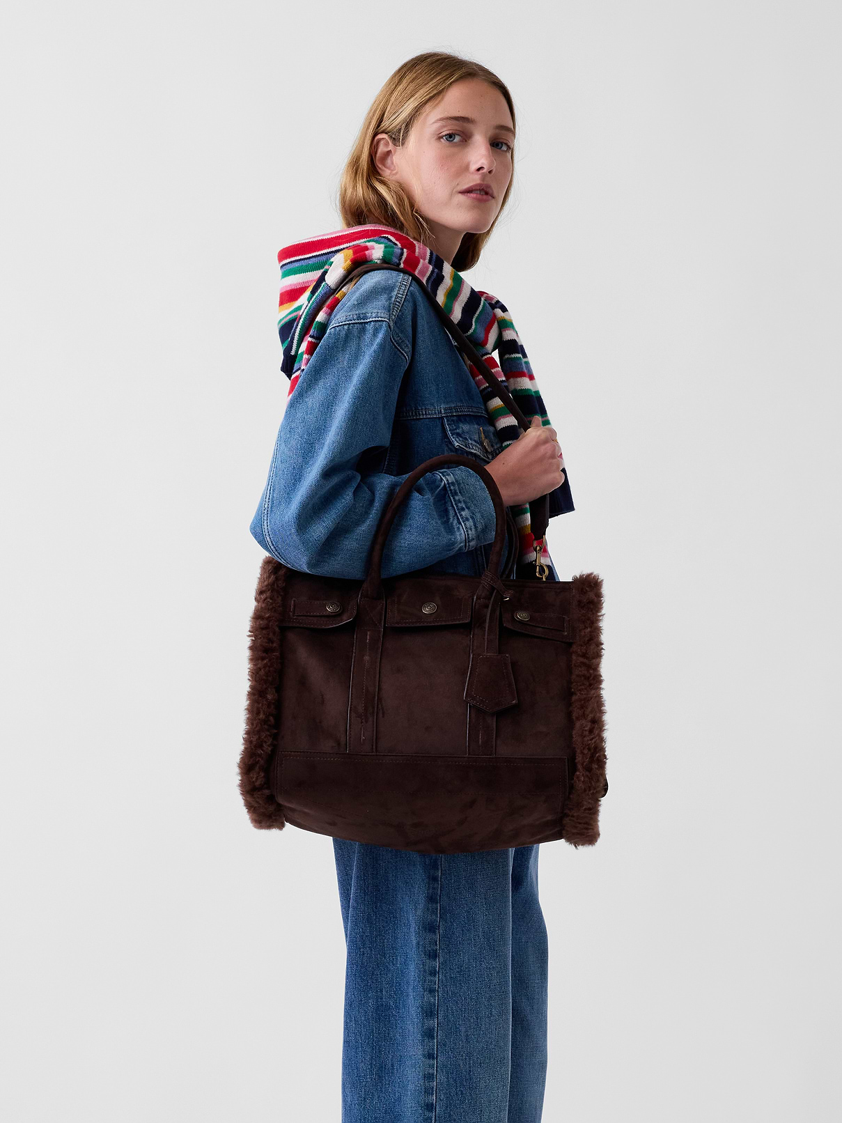 Image 2 of 7, Sherpa-Lined Vegan Suede Five Pocket Tote