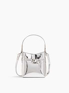 Image 1 of 7, Smooth metallic vegan leather shoulder bag., Worn handheld, elbow, crossbody, or over the shoulder., Handle and removable shoulder strap., Magnetic snap closure., Belted detailing., Product #1189084