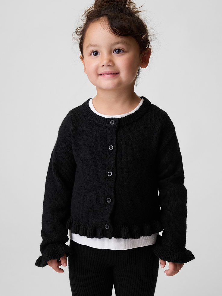 Image 1 of 4, Our bestselling fabric that feels cashmere-soft. Crafted in a midweight plush yarn. Refined with a special brushed technique. It's everyday luxury., Soft knit cotton-blend cardigan sweater., Crewneck., Long sleeves., Button front., Ruffled rib hem., Product #906782