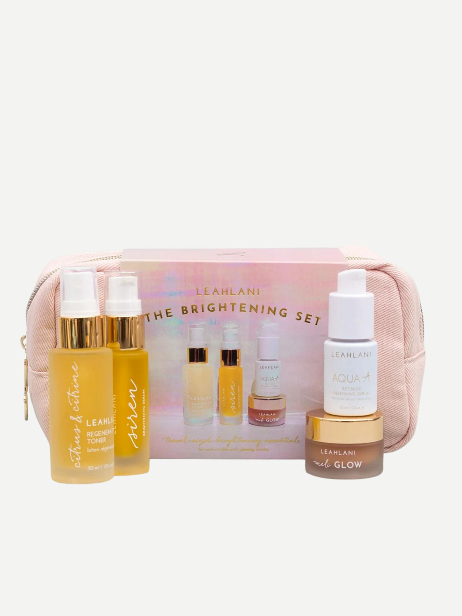 Image 1 of 2, give the gift of radiance with these glow-getting skincare essentials, brimming with youth-enhancing antioxidants and beautifying botanicals, this travel-sized skincare ritual invigorates cellular regeneration to defeat dullness and bring the sunshine to your skin, set Includes: 30ml Citrus & Citrine Toning Mist, 15ml Siren Brightening Serum, 10ml Aqua A Retinoid Renewing Serum, 15ml Meli Glow Mask, comes with a Getaway Dopp Kit, Leahlani Skincare products are made fresh in small batches from high-performing organic, wildcrafted, and local Hawaiian ingredients - they are 100% cruelty free, and contain no synthetic dyes or fragrances, Product #1208374
