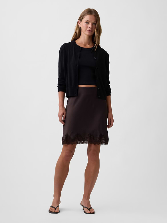 Satin Lace-Trim Mini Skirt