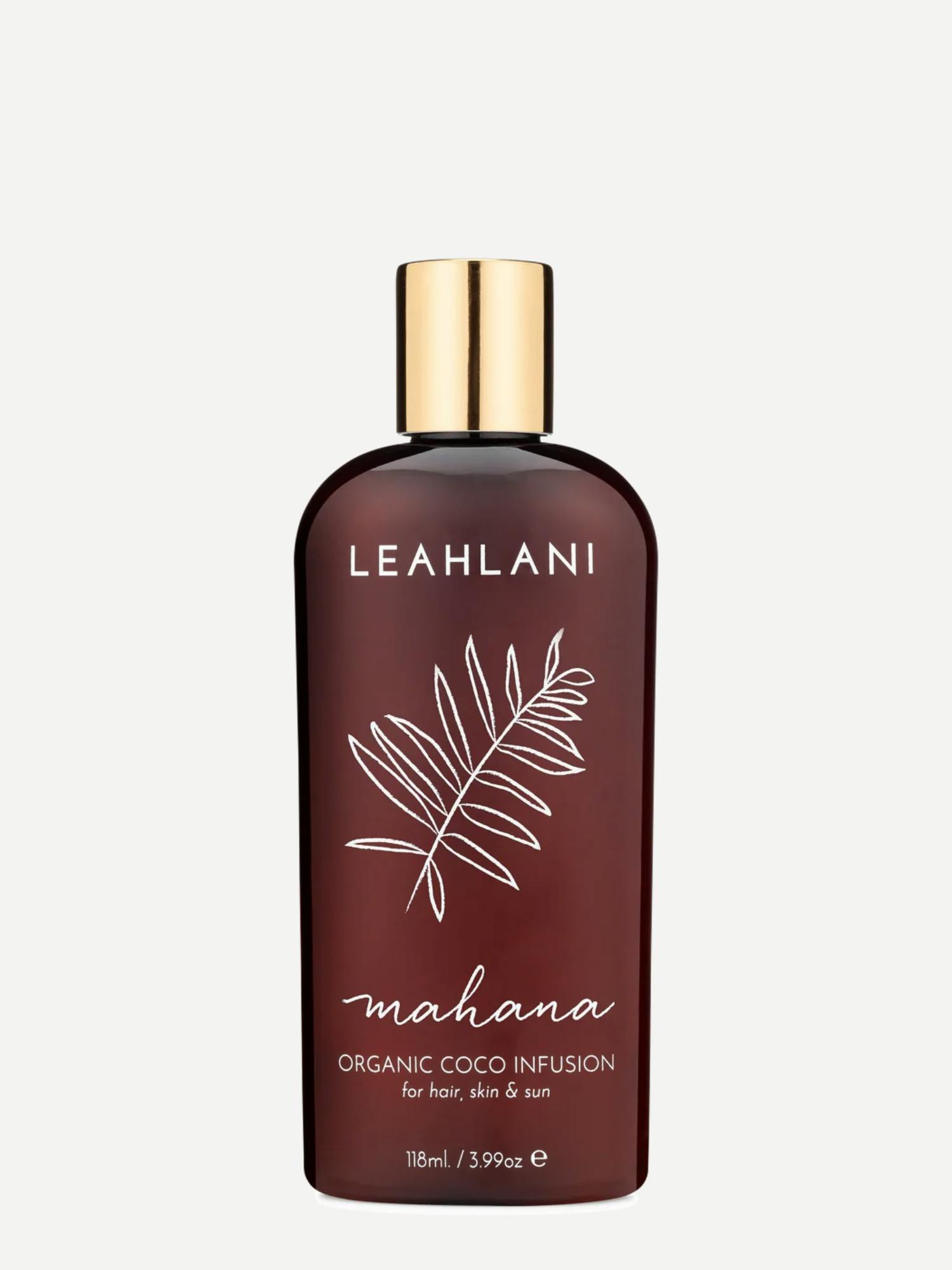 Image 1 of 2, a luxurious multipurpose body oil for silky summer-kissed skin and lustrous hair, composed with an exquisite blend of skin-softening oils and intoxicating tropical fragrance, infused with with warm notes of exotic vanilla bean caressed by sweet coconut, Mahana takes your senses on a blissful beach day, lightweight and easily absorbed, our Coco Infusions can be used for all-day moisture from head to toe, and as an enriching hair mask during dry winter months, Leahlani Skincare products are made fresh in small batches from high-performing organic, wildcrafted, and local Hawaiian ingredients. They are 100% cruelty free, and contain no synthetic dyes or fragrances, 118ml / 3.99oz, Product #1208378