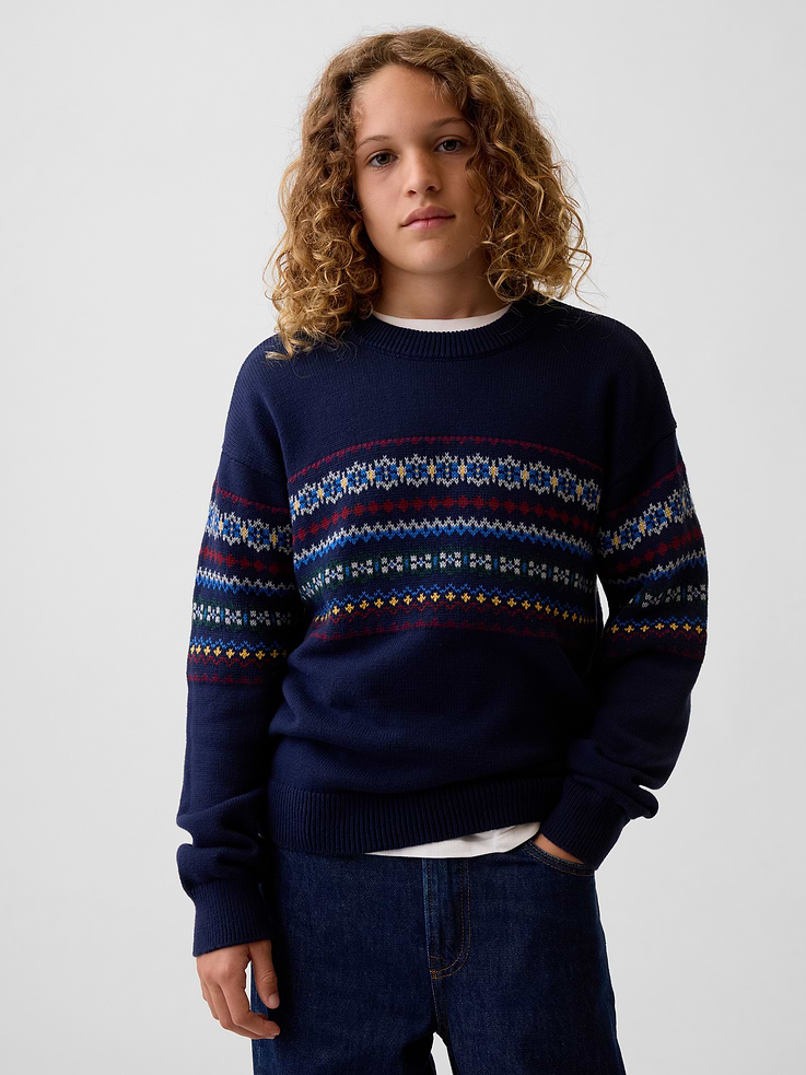 Image 1 of 5, Soft knit cotton sweater. In a relaxed fit., Crewneck., Long sleeves., Ribbed cuffs and hem., This product was made in a factory that invests in gender equity and women’s empowerment through RISE. Learn more at gapinc.com/equity ., Product #1184262