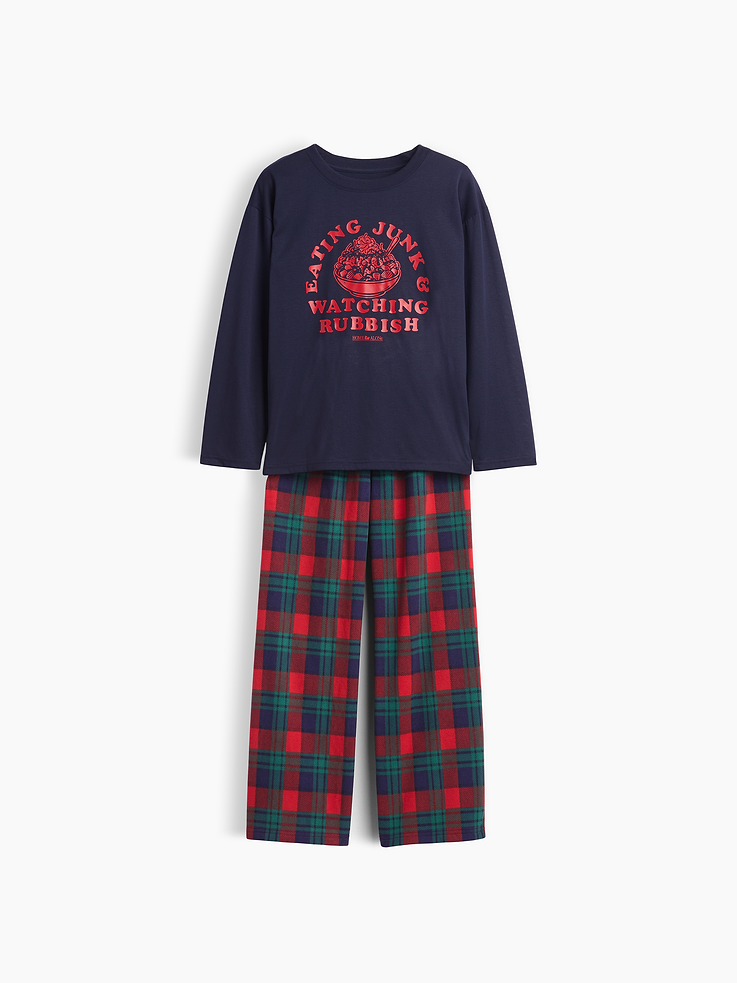 Image 1 of 3, Soft jersey pajama T-shirt and flannel pants PJ set., Crewneck., Long sleeves., Holiday graphics., Elasticized waist at PJ pants., Allover plaid., Made with 100% recycled polyester. Compared to virgin materials, using recycled materials helps reduce resource use and waste., This product was made in a factory that invests in gender equity and women’s empowerment through RISE. Learn more at gapinc.com/equity ., Product #915777