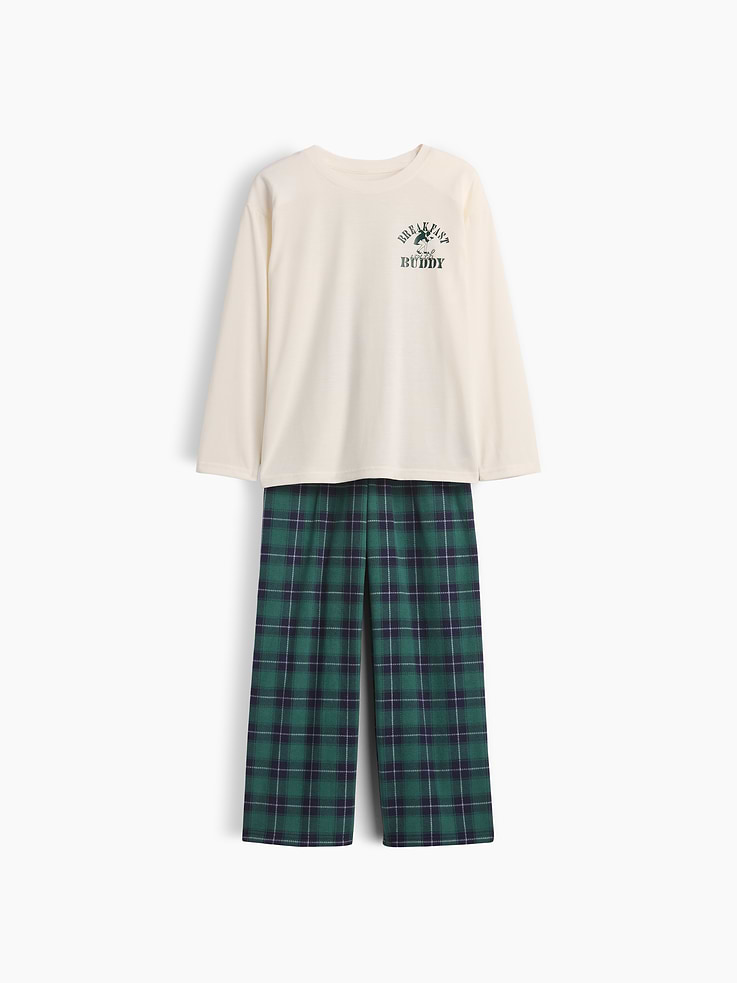 Image 1 of 3, Soft jersey pajama T-shirt and flannel pants PJ set., Crewneck., Long sleeves., Holiday graphics., Elasticized waist at PJ pants., Allover plaid., Made with 100% recycled polyester. Compared to virgin materials, using recycled materials helps reduce resource use and waste., This product was made in a factory that invests in gender equity and women’s empowerment through RISE. Learn more at gapinc.com/equity ., Product #915777