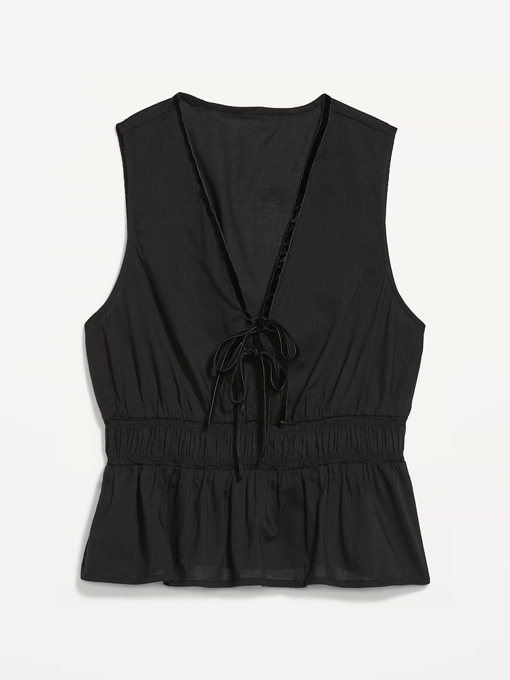 Image 5 of 5, Sleeveless Velvet-Trim Tie-Front Peplum Top