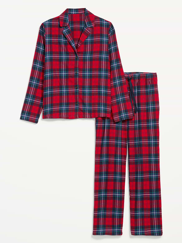 Image 1 of 2, set includes pajama shirt and matching pants, spread collar, long sleeves, button front, elastic drawstring waist pajama pants, on-seam pockets, prints that match the fam, Product #908785