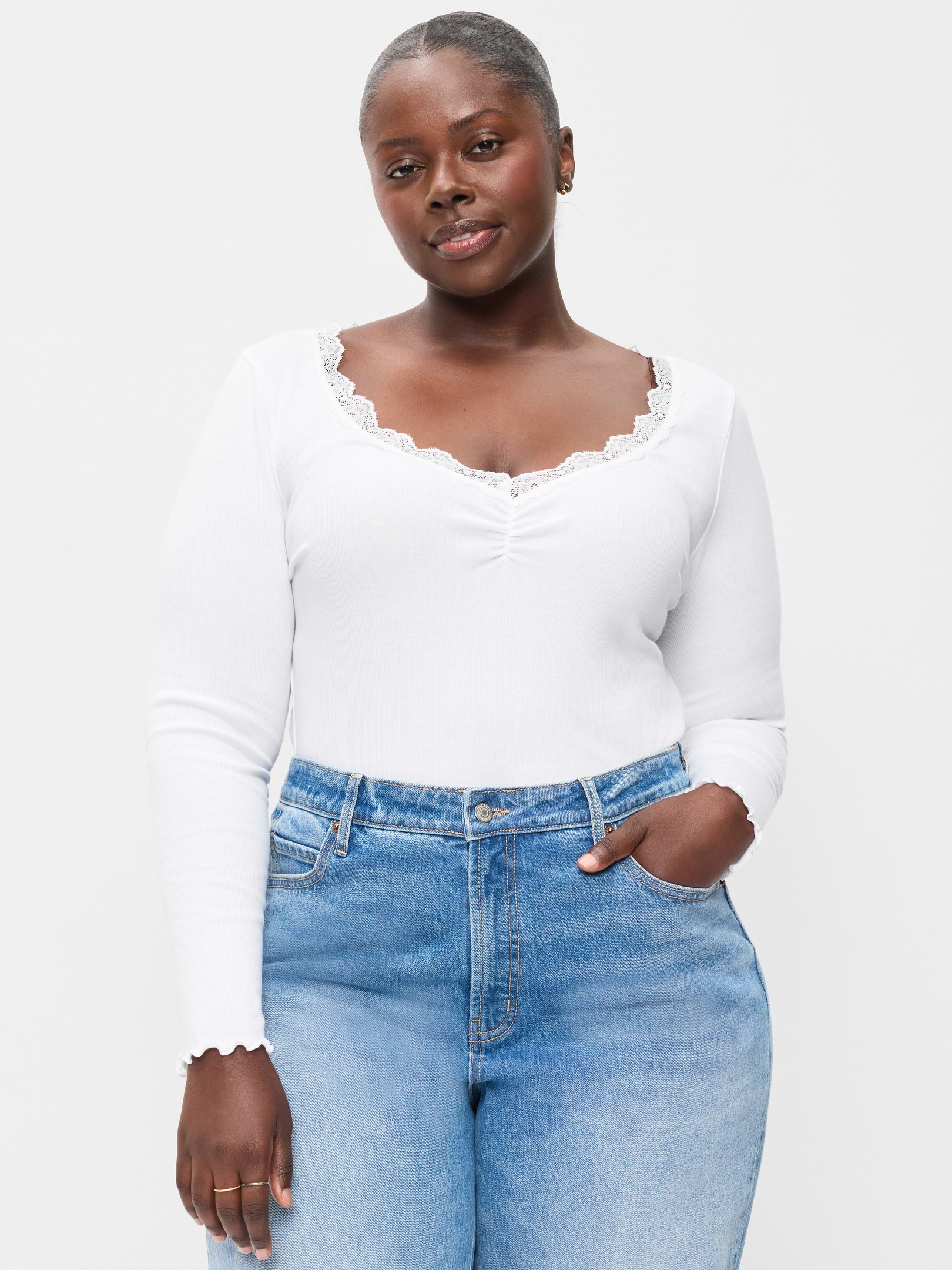Long-Sleeve Lace Trim T-Shirt | Old Navy