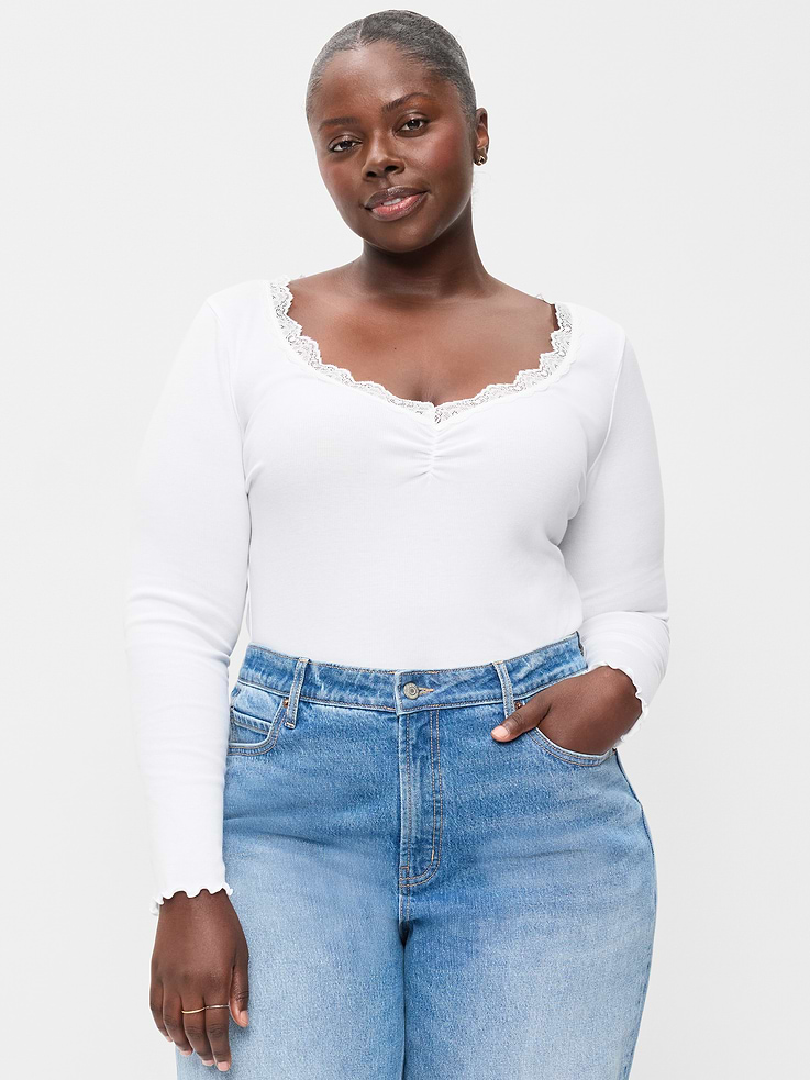 Image 5 of 6, Long-Sleeve Lace Trim T-Shirt