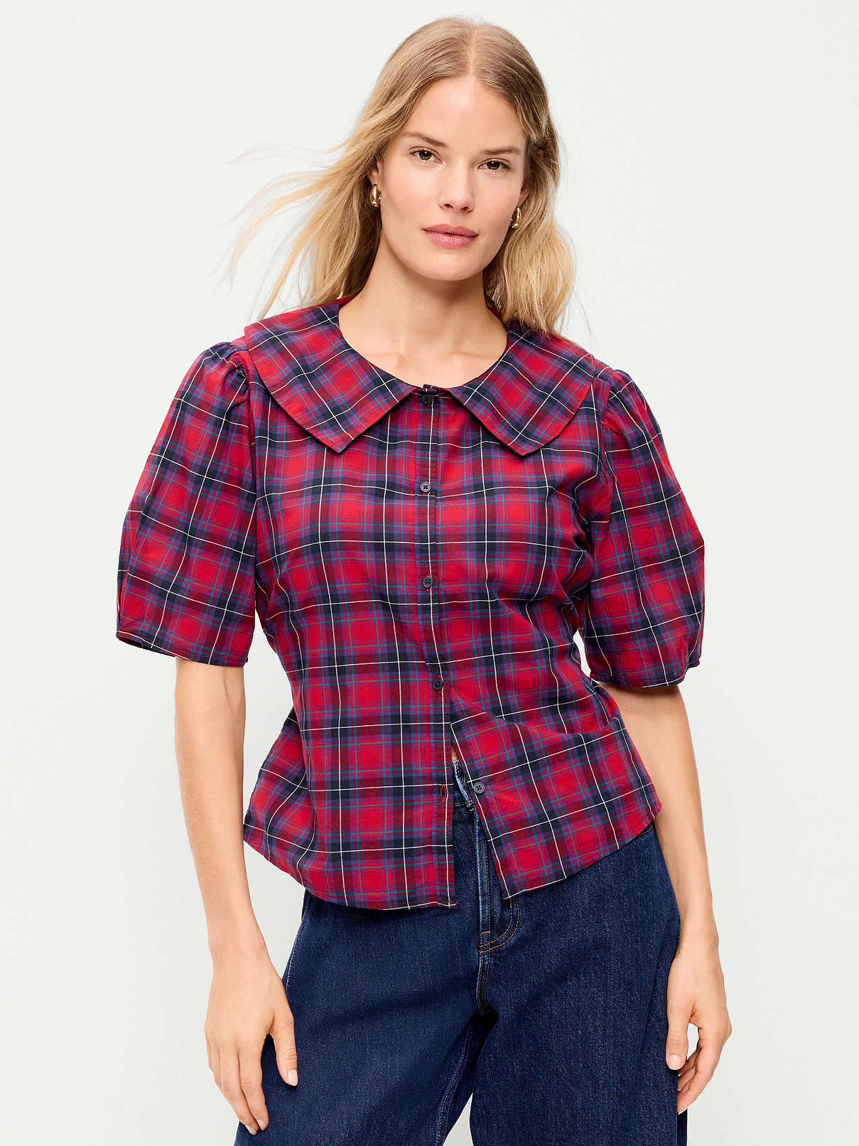Lapel Collar Short-Sleeve Button-Front Top