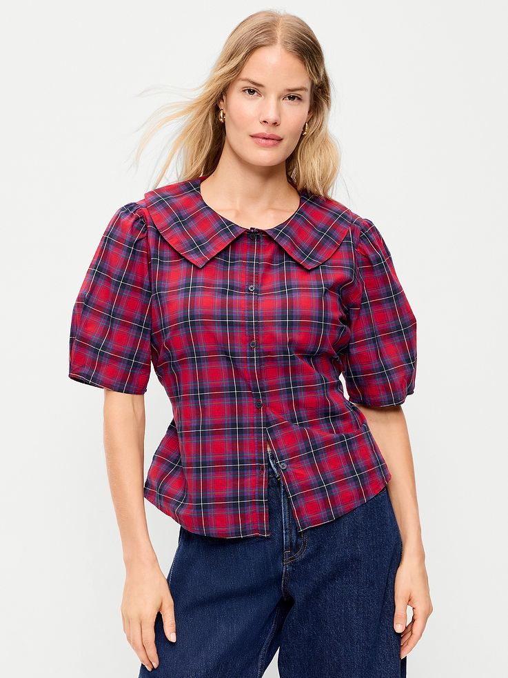 Image 1 of 9, lapel collar, short elasticized sleeves, button front, tie detail at back, Product #1184390